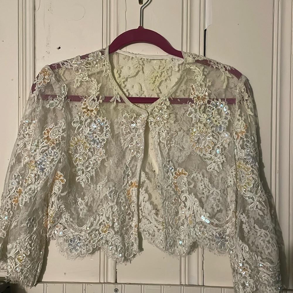 Custom made vintage light jacket for evening , with sequin and lace